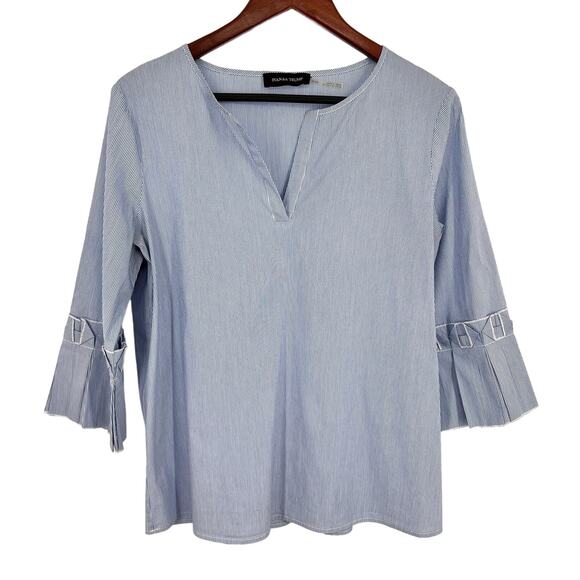 Ivanka Trump Tops - Ivanka Trump Womens Medium Blue White 3/4 Sleeve Pleated Sleeve Blouse Shirt Top